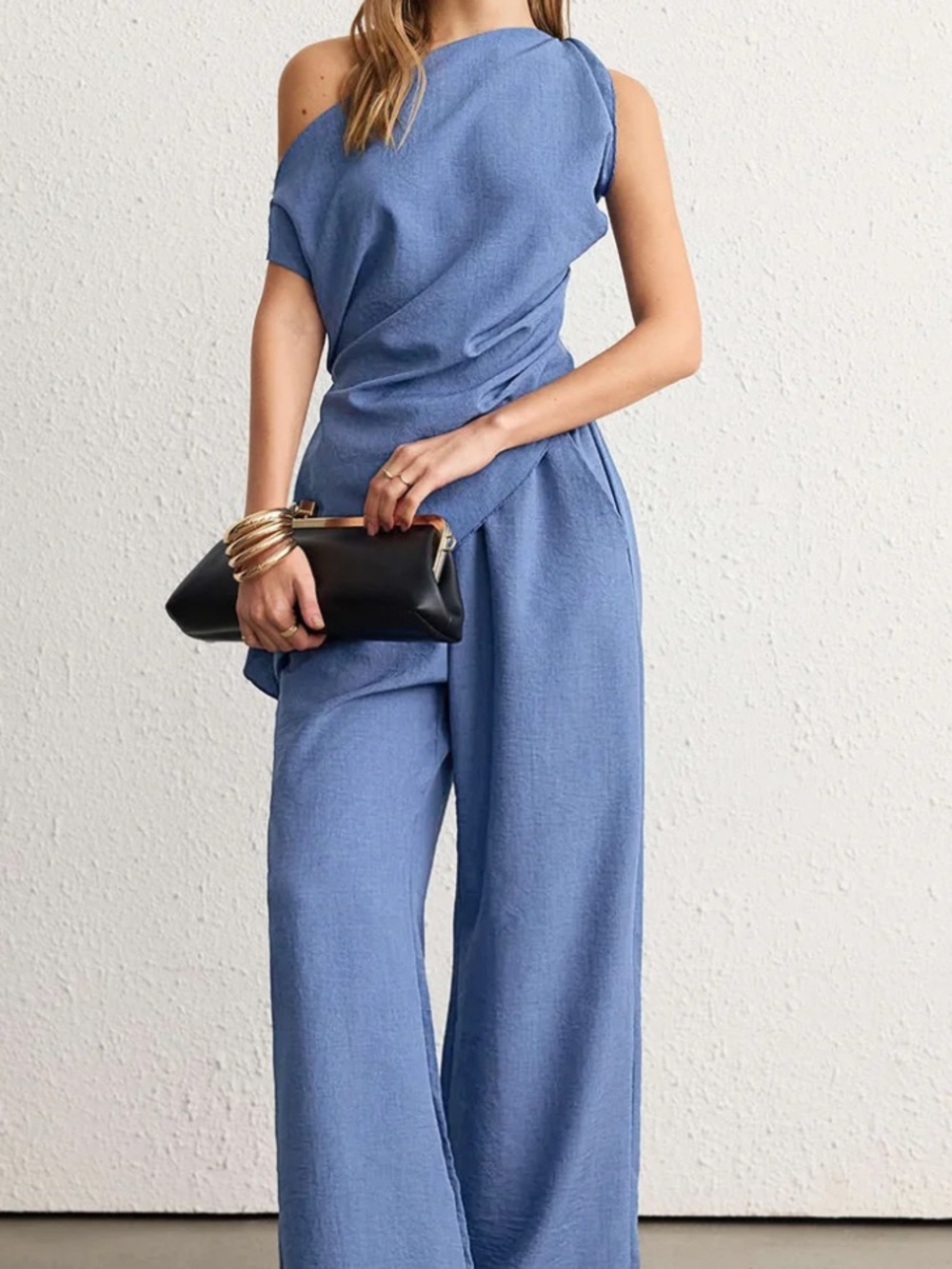 Solid One Shoulder Ruched Asymmetrical Tank Top And Wide Leg Pants Set